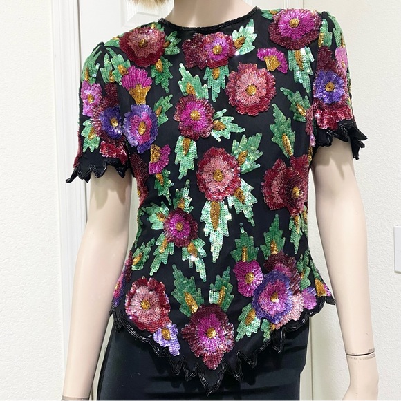 Vintage Laurence Kazar Heavily Beaded Sequin Floral Blouse Size M - Picture 3 of 16